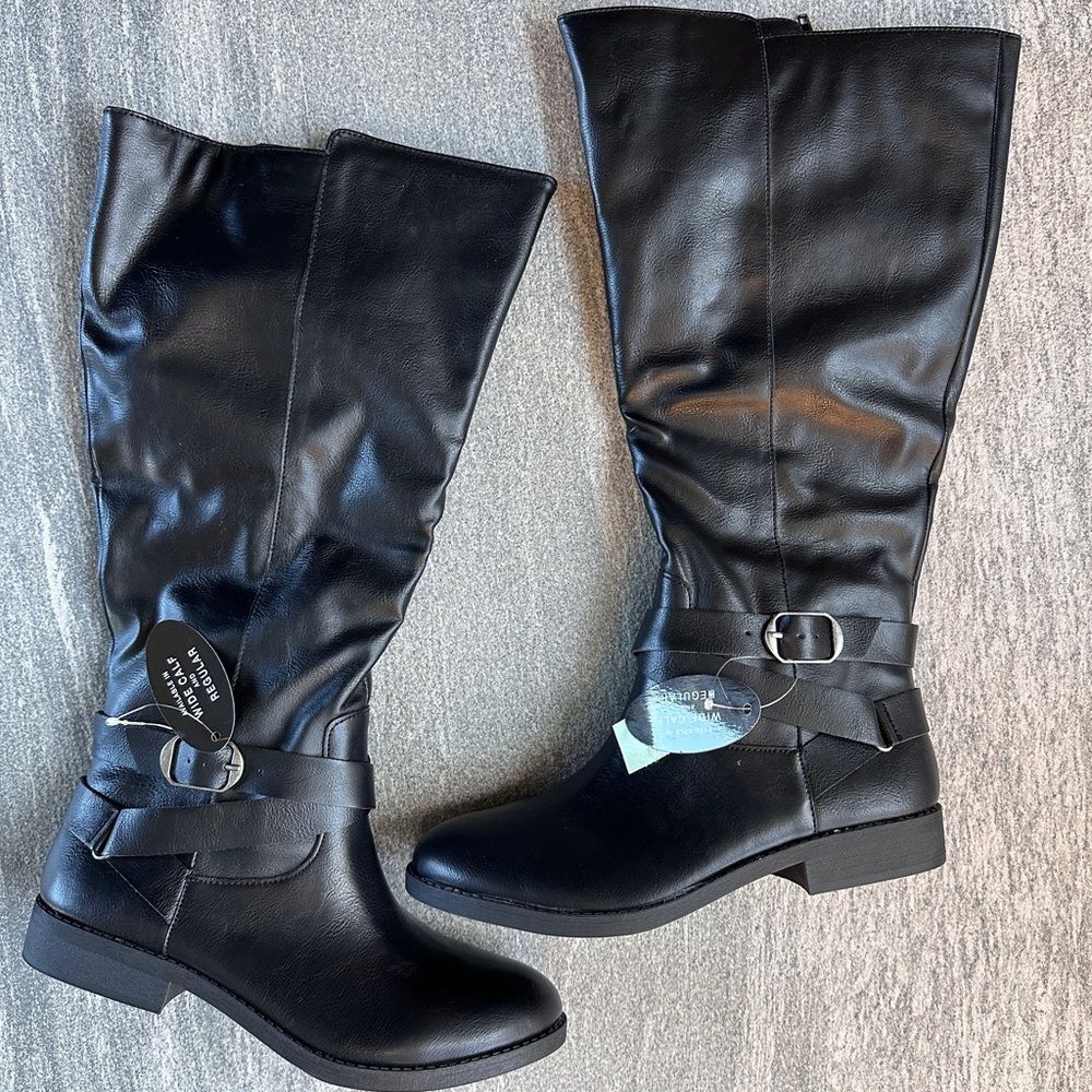 NWT Style & Co Black Riding Boots Faux Leather Wide‑Calf Round Toe Full Zip 7.5 - Picture 4 of 16
